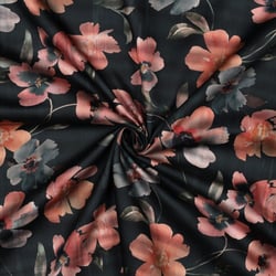 Tissu Coton satiné digital Mila grandes fleurs sur fond Noir