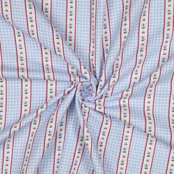 Tissu Coton imprimé Rayures vichy fleuris bleu sur fond Blanc