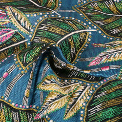 Tissu Jacquard Craftine Feuillage exotique fabrication française Bleu