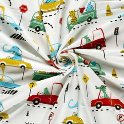 Tissu Jersey Coton imprimé En Route les Animaux Ecru
