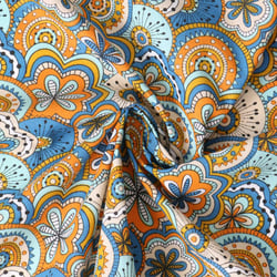 Tissu Popeline de Coton  Eugénie mandala floral Orange sur fond Bleu