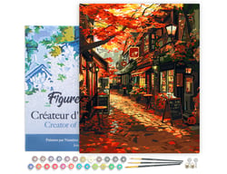 Peinture par Numéro Figured'Art avec Cadre - Rue du café en Automne - Kit de Loisir Créatif DIY Numéro d'Art Complet - 40x50cm toile tendue sur châssis