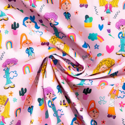Tissu Popeline de Coton Dessin d'enfant sur fond Rose