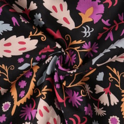 Tissu Velours Côtelé  Séphira fleurs Roses sur fond Noir - Au mètre
