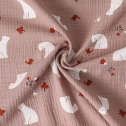 Tissu Double gaze de Coton Petit Nordique ours Blanc sur fond Vieux rose - Au mètre