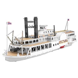 MetalEarth Bateaux: BATEAU À VAPEUR SULTANA 12,7x3,3x4cm, maquette 3D en métal avec 3 feuilles, sur carte 12x17cm, 14+