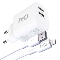 Jaym Pack Chargeur Secteur 2 USB-A 2.4A 12W avec Câble USB-A vers Lightning 2m Blanc