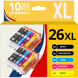 123CONSOMMABLES - 26XL - Pack 10 cartouche d'encre compatible avec Epson pour Epson Expression Premium XP-510 XP-520 XP-600 XP-605 XP-610 XP-615 XP-620 XP-625 XP-700 XP-710 XP-720 XP-800 XP-810 - 123CONSOMMABLES