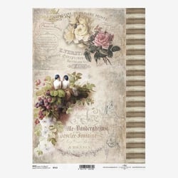 1 feuille de papier de riz 21 x 29,7 cm Itd Collection OISEAU ROSE ECRITURE VINTAGE 0713