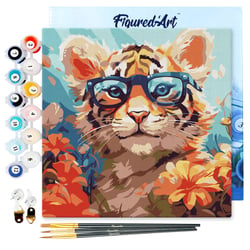 Mini Peinture par Numéros Figured'Art 20x20cm avec cadre Bébé Tigre fantaisie et fleurs - Petit Format