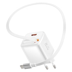 Swissten Chargeur Secteur USB-A 45W avec Câble Rétractable USB-C 0.75m Intégré Blanc