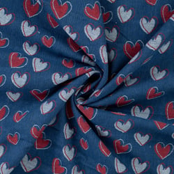 Tissu Jean Denim Coeurs Rouges et Blancs sur fond Bleu jean