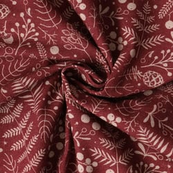 Tissu Toile de Coton  Céleste végétaux d'hiver sur fond Bordeaux - Au mètre