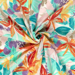 Tissu Polyester aspect Lin Fleuris Rosalin sur fond Blanc