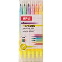 Surligneurs - Double pointe - Jaune fluo + 6 couleurs pastel - Mine biseautée - Apli