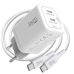 Jaym Chargeur Secteur 2 USB-C GaN 65W PD-PPS avec Câble USB-C vers USB-C 100W 2m Blanc