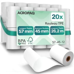 20 Rouleaux de Caisse 57x 45x8mm- Thermique 26,2 m- Terminaux de paiement- 20 Bobines TPE- Sans BPA- Dimension Universelle- ACROPAQ