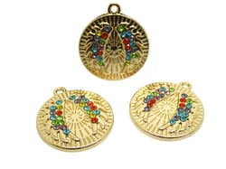 1 Pendentif rond Aile d'ange avec strass multicolore - 25*22mm - doré