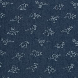 Tissu Jean Denim extensible Dino blancs sur fond Bleu marine - Au mètre