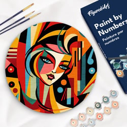 Peinture par Numéro sur disque en bois Figured'Art - Femme abstraite style Picasso - Kit de Loisir Créatif DIY Numéro d'Art Complet - 30cm de diamètre