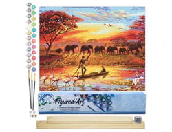 Peinture par Numéro Figured'Art - Coucher de soleil Eléphants - Kit de Loisir Créatif DIY Numéro d'Art Complet - 40x50cm toile roulée + châssis en bois à monter