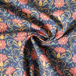 Tissu Batiste de Coton Ava fleurs rétro Corail sur fond Bleu gris