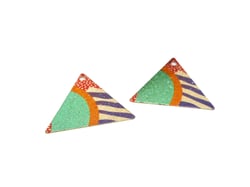 2 Breloques triangle 22*19mm, pailletés imprimé géométrique doré - vert - orange