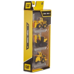 Pack de 3 engins chantier metal  - chargeur, rouleau, excavatrice 10 cm - Cat