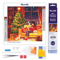 Mini Diamond Painting Broderie Diamant Figured’Art 25x25cm toile entière roulée - diamants ronds - Paisible au pied du sapin de Noël