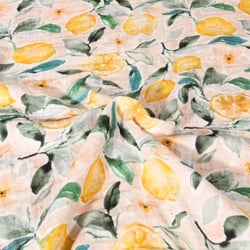 Tissu Double gaze de Coton Digital Citrons jaunes et feuillage sur fond Pêche