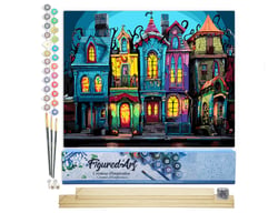 Peinture par Numéro Figured'Art - Maisons gothiques colorées - Kit de Loisir Créatif DIY Numéro d'Art Complet - 40x50cm toile roulée + châssis en bois à monter