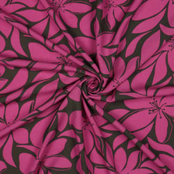 Tissu Voile de Viscose imprimé Grandes fleurs Fuschia sur fond Vert foncé