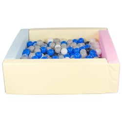 Piscine à balles carrée avec 300 balles – rose, bleu, jaune p/noir, blanc, transparent, bleu, gris - Velinda