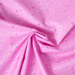 Tissu Popeline de Coton légère  Petites fleurs roses pales et jaune pastel sur fond Rose bonbon