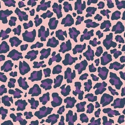 Tissu Popeline de Coton Léo Pop tacheté Léopard violet et bleu marine sur fond Rose pastel