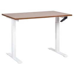Bureau Réglable Manuellement Plateau Bois Foncé et Structure Acier Blanc 120 x 72 cm Hauteur Ajustable Assis Debout Pieds Carrés Design Moderne