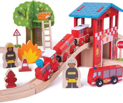 Jeu en bois – Ensemble de train de caserne de pompiers - Bigjigs - Orange
