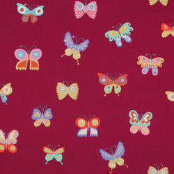 Tissu Popeline de Coton  papillons Popi multicolores sur fond Bordeaux - Au mètre