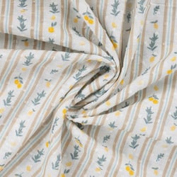 Tissu Voile de Coton Plumetis digital petits citrons rayé sur fond Blanc