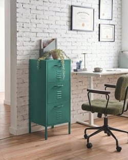 Armoire de Rangement Vert Foncé en Acier avec 3 Tiroirs Système Fermeture Amortie pour Couloir Chambre Bureau Design Industriel