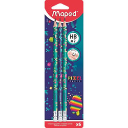 6 crayons graphite - HB - N°2 - Embout gomme - Ergonomique - Maped - Pixel Party