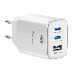 Swissten Chargeur 2 USB-C 65W Power Delivery et USB-A Quick Charge 3.0 18W Blanc