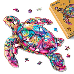 Puzzle en Bois Adulte et Enfant Figured'Art 200 pièces Animaux - Tortue de mer - Design Original 32x31,8 cm Forme Unique avec Coffret en bois Premium, Parfait pour Offrir en Cadeau