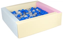 Piscine à balles carrée avec 300 balles – rose, bleu, jaune p/perle, transparent, bleu, argent - Velinda