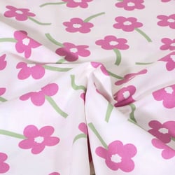 Tissu Popeline de Coton Fleurs roses et vertes sur fond Ecru