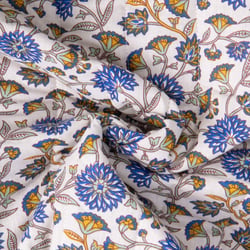 Tissu Coton Matelassé réversible Santal fleuris sur fond Blanc