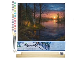 Peinture par Numéro Figured'Art - Camping au bord du lac - Kit de Loisir Créatif DIY Numéro d'Art Complet - 40x50cm toile roulée + châssis en bois à monter