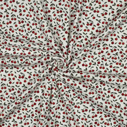 Tissu Jersey Bord Côte Digital Ambre petites cerises Rouges sur fond Blanc cassé