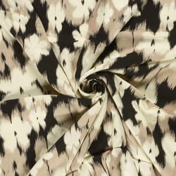 Tissu Viscose Satiné Floral abstrait Ecru et Taupe sable sur fond Noir
