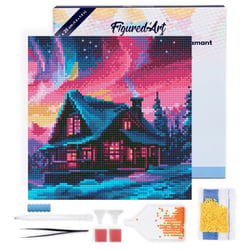 Mini Diamond Painting Broderie Diamant Figured’Art 25x25cm toile tendue sur châssis en bois - diamants ronds - Maison et Aurore boréale